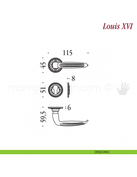 Maniglia per porta Louis XVI Antologhia con molla yale disegno