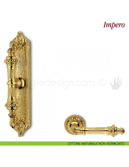 Maniglia per finestra cremonese Impero Antologhia con placca bassa ottone naturale non verniciato