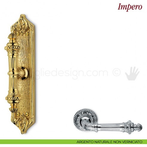Maniglia per finestra cremonese Impero Antologhia con placca bassa argento naturale non verniciato