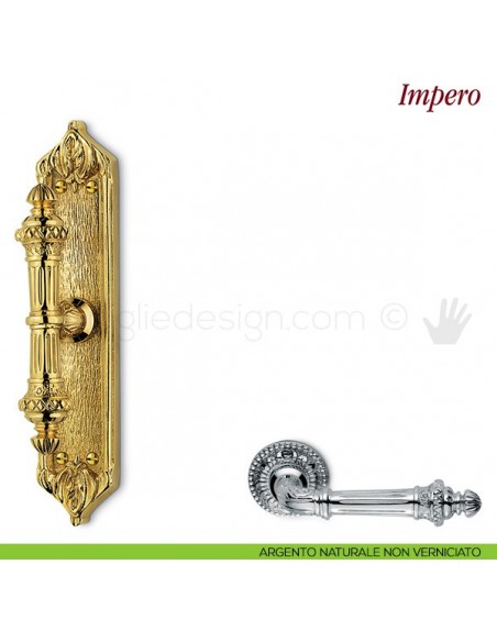 Maniglia per finestra cremonese Impero Antologhia con placca bassa argento naturale non verniciato