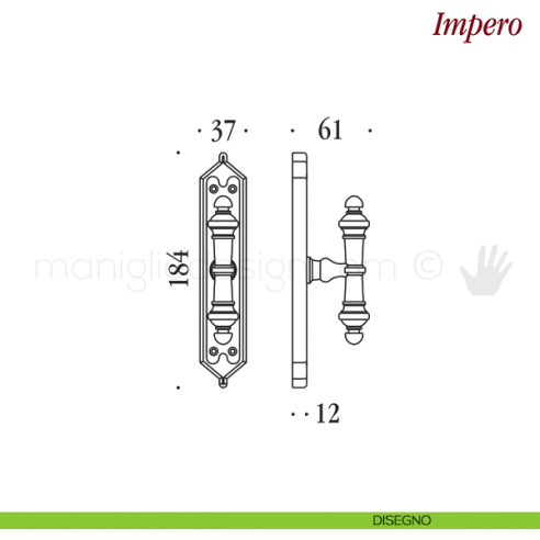 Maniglia per finestra cremonese Impero Antologhia con placca bassa disegno