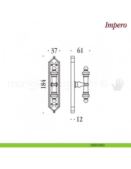 Maniglia per finestra cremonese Impero Antologhia con placca bassa disegno