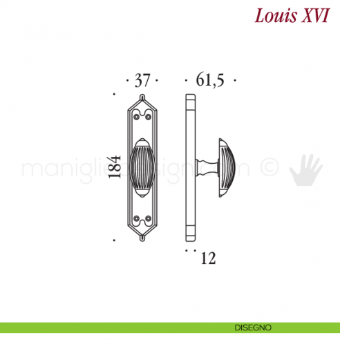 Maniglia per finestra cremonese Louis XVI Antologhia con placca bassa disegno