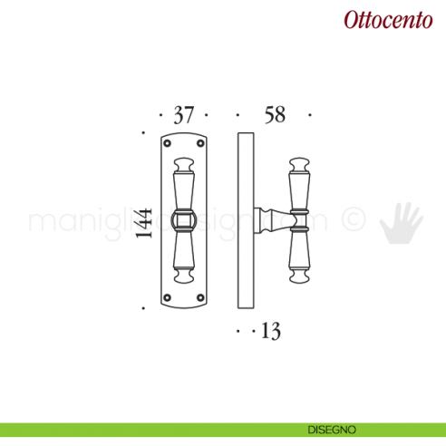 Maniglia per finestra cremonese Ottocento Antologhia bronzo verniciato disegno