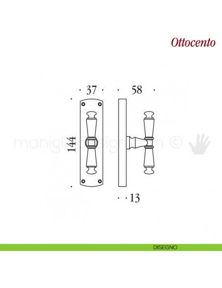 Maniglia per finestra cremonese Ottocento Antologhia bronzo verniciato disegno