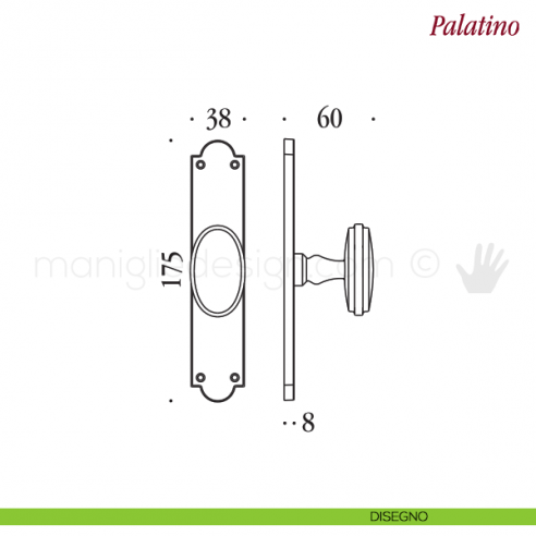 Maniglia per finestra cremonese Palatino Antologhia con placca bassa disegno