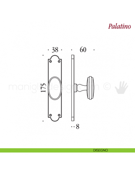 Maniglia per finestra cremonese Palatino Antologhia con placca bassa disegno