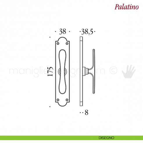 Maniglia per finestra cremonese Palatino Antologhia con placca bassa disegno