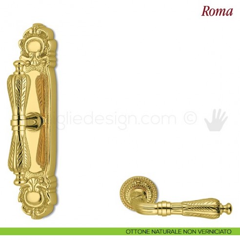 Maniglia per finestra cremonese Roma Antologhia con placca bassa ottone naturale non verniciato