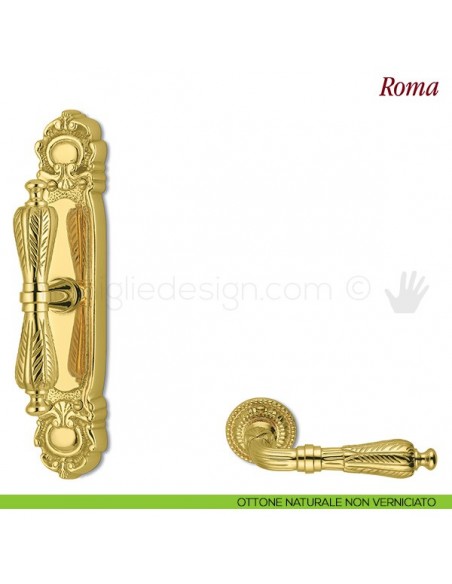 Maniglia per finestra cremonese Roma Antologhia con placca bassa ottone naturale non verniciato