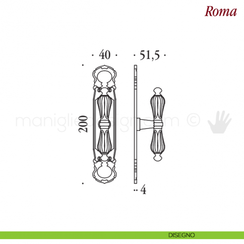 Maniglia per finestra cremonese Roma Antologhia con placca bassa disegno