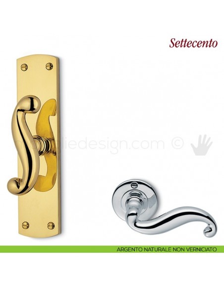 Maniglia per finestra cremonese Settecento Antologhia con placca bassa argento naturale non verniciato