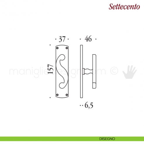 Maniglia per finestra cremonese Settecento Antologhia con placca bassa disegno