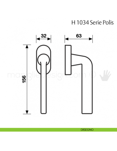 Maniglia per finestra martellina DK H 1034 Polis Valli & Valli disegno
