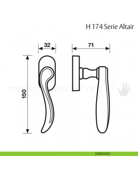 Maniglia per finestra martellina DK H 174 Altair Valli & Valli disegno