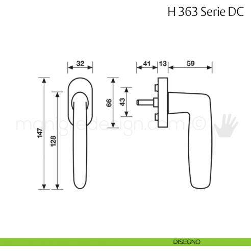 Maniglia per finestra martellina DK H 363 DC Fusital disegno