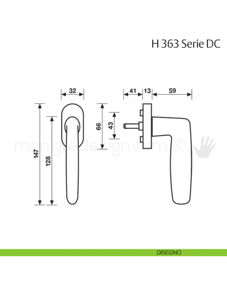 Maniglia per finestra martellina DK H 363 DC Fusital disegno