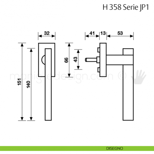 Maniglia per finestra martellina DK H 358 JP1 Fusital disegno