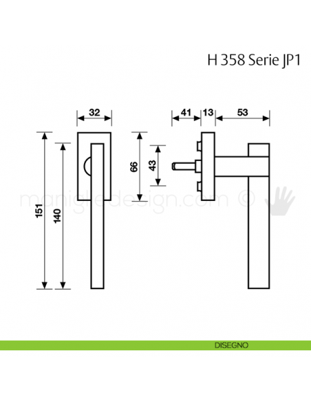 Maniglia per finestra martellina DK H 358 JP1 Fusital disegno