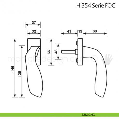 Maniglia per finestra martellina DK H 354 FOG Fusital disegno