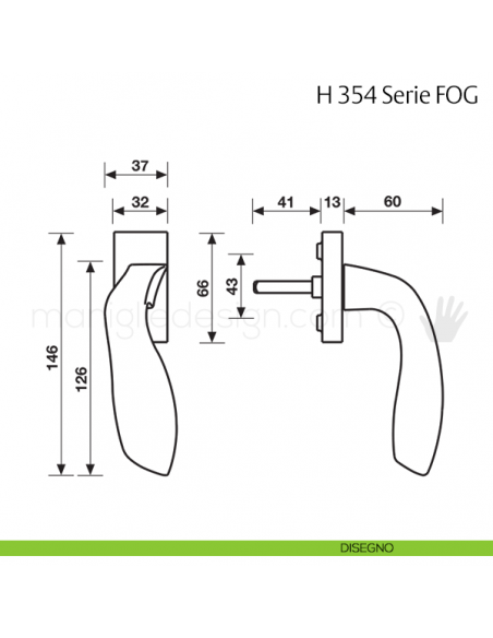 Maniglia per finestra martellina DK H 354 FOG Fusital disegno