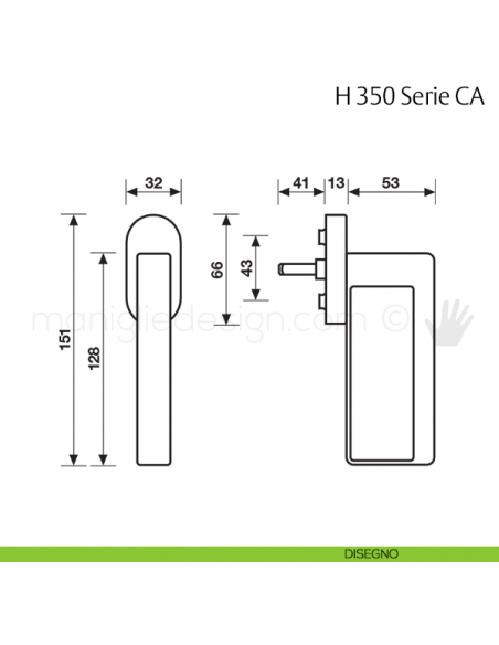 Maniglia per finestra martellina DK H 350 CA Fusital disegno