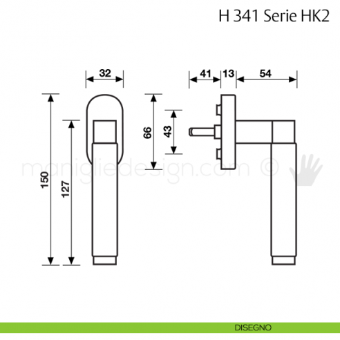 Maniglia per finestra martellina DK H 341 HK2 Fusital disegno