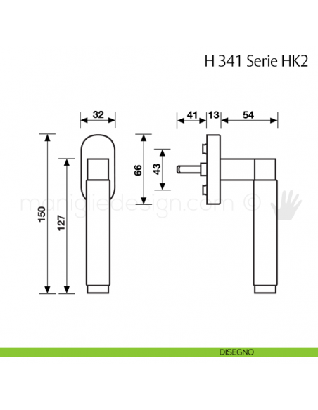 Maniglia per finestra martellina DK H 341 HK2 Fusital disegno