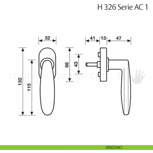 Maniglia per finestra martellina DK H 326 AC 1 Fusital disegno