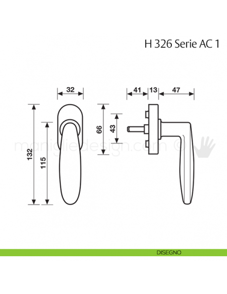 Maniglia per finestra martellina DK H 326 AC 1 Fusital disegno