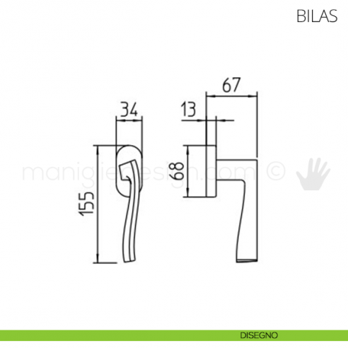 Maniglia per finestra martellina DK Bilas Mandelli disegno