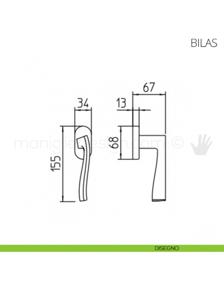 Maniglia per finestra martellina DK Bilas Mandelli disegno