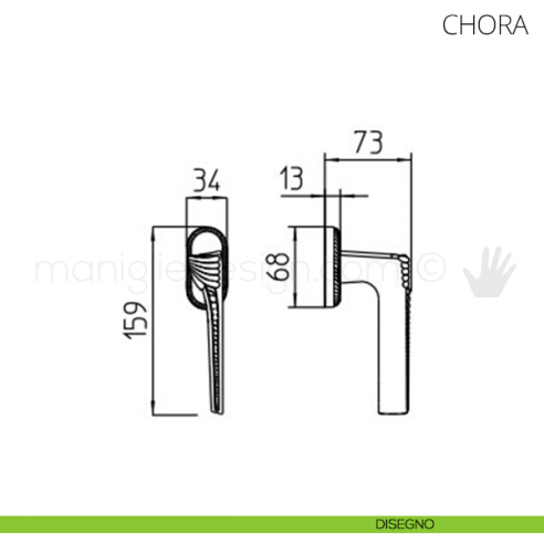 Maniglia per finestra martellina DK Chora Mandelli disegno