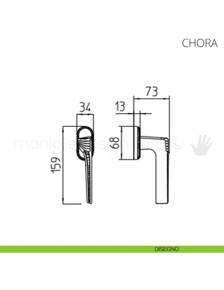 Maniglia per finestra martellina DK Chora Mandelli disegno