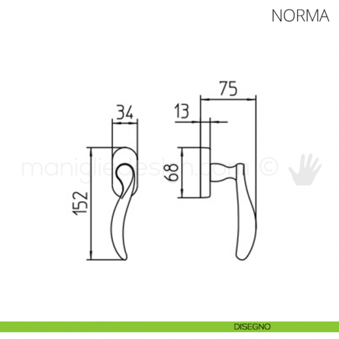 Maniglia per finestra martellina DK Norma Mandelli disegno