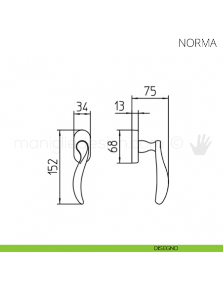 Maniglia per finestra martellina DK Norma Mandelli disegno