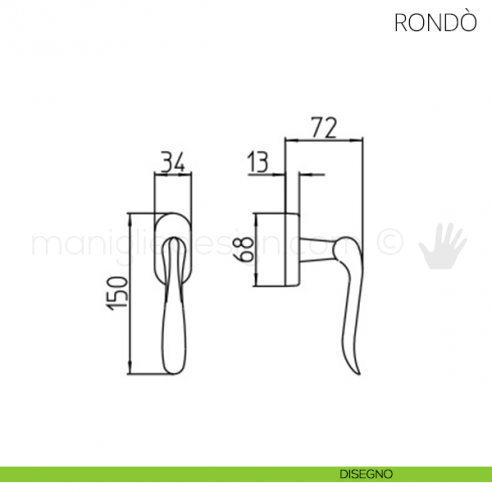 Maniglia per finestra martellina DK Rondò Mandelli disegno