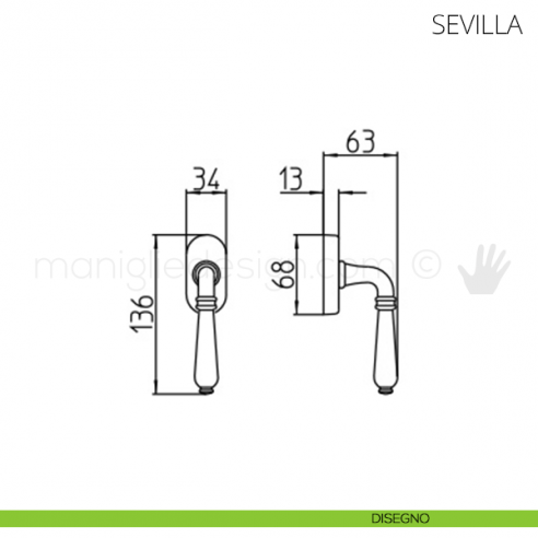 Maniglia per finestra martellina DK Sevilla Mandelli disegno