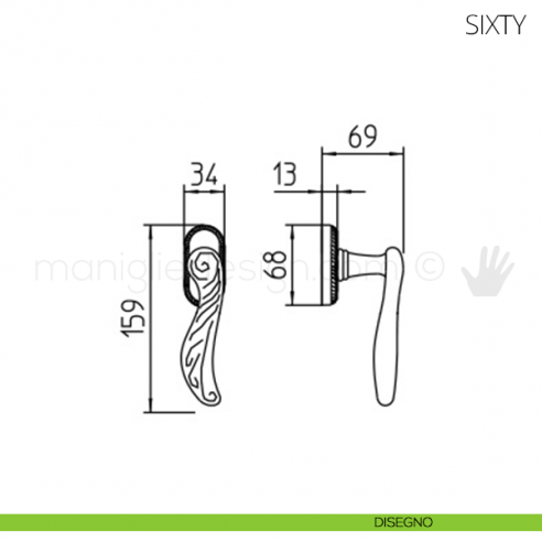 Maniglia per finestra martellina DK Sixty Mandelli disegno