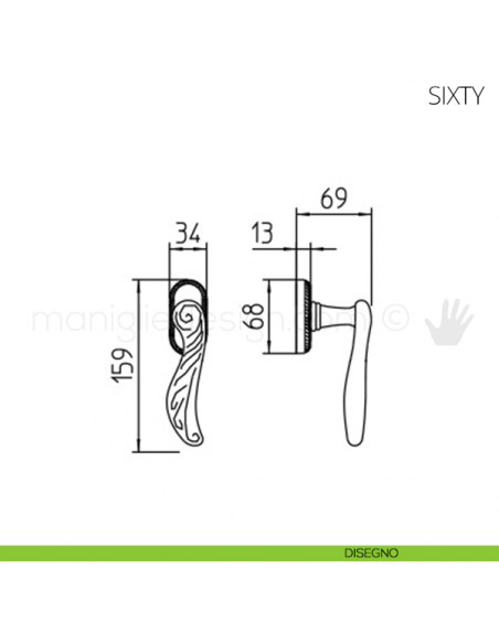Maniglia per finestra martellina DK Sixty Mandelli disegno