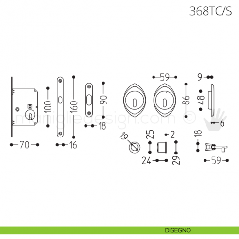 Maniglia per porta scorrevole Clip Mandelli 368T con chiave e serratura disegno