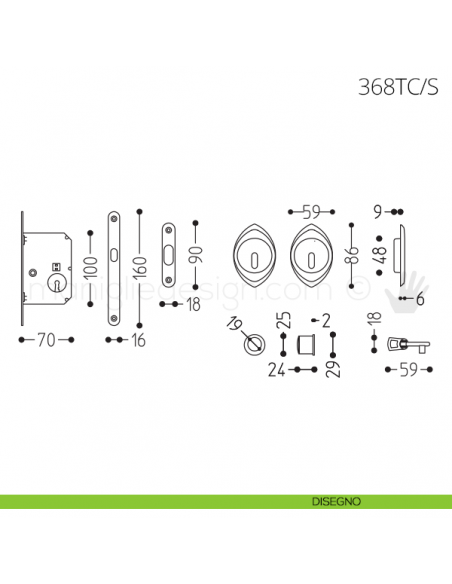 Maniglia per porta scorrevole Clip Mandelli 368T con chiave e serratura disegno