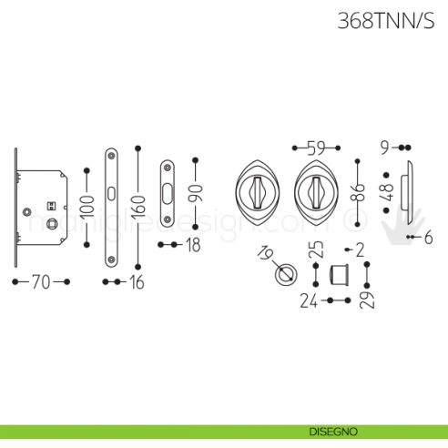 Maniglia per porta scorrevole Clip Mandelli 368T con nottolino interno ed esterno con serratura disegno