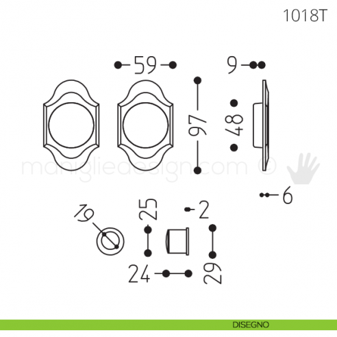 Maniglia per porta scorrevole Clip Mandelli 1018T senza serratura disegno