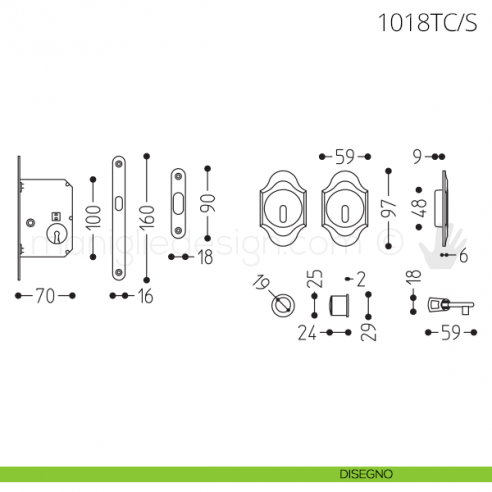 Maniglia per porta scorrevole Clip Mandelli 1018T con chiave e serratura disegno