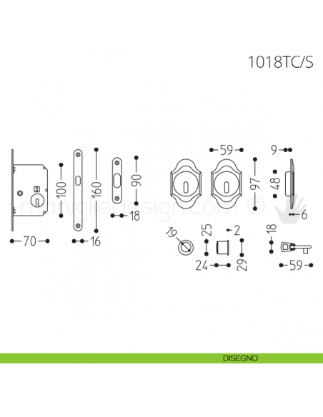 Maniglia per porta scorrevole Clip Mandelli 1018T con chiave e serratura disegno
