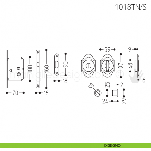 Maniglia per porta scorrevole Clip Mandelli 1018T nottolino e serratura disegno