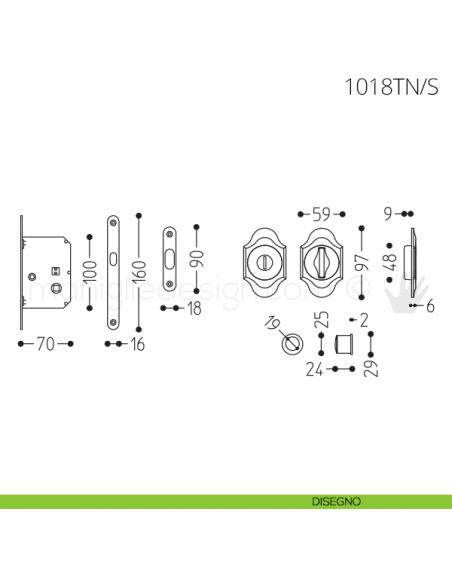 Maniglia per porta scorrevole Clip Mandelli 1018T nottolino e serratura disegno