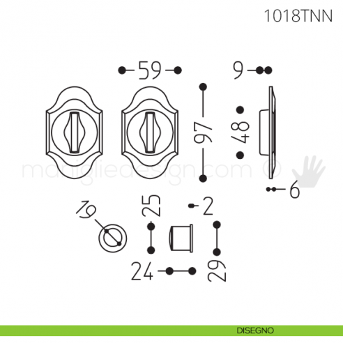 Maniglia per porta scorrevole Clip Mandelli 1018T con nottolino interno ed esterno senza serratura disegno