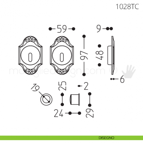 Maniglia per porta scorrevole Clip Mandelli 1028T con chiave senza serratura disegno